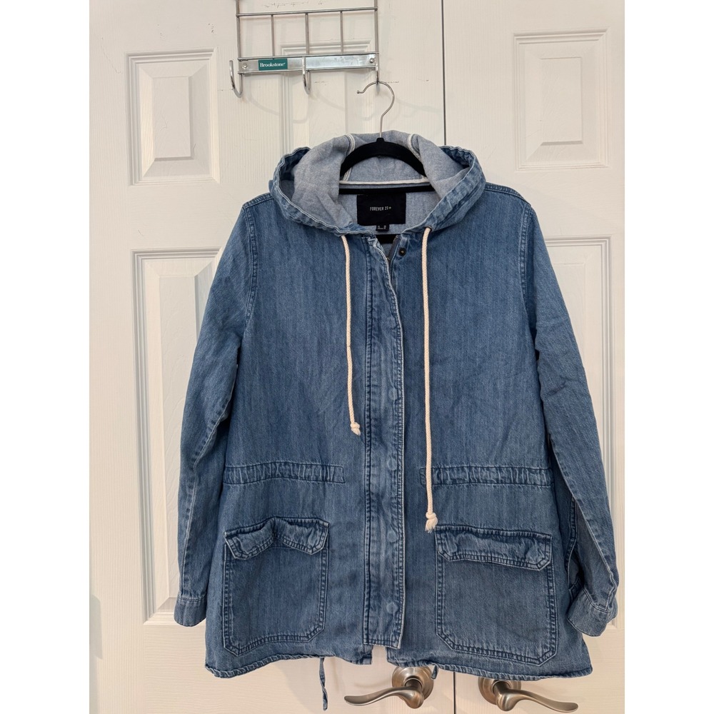 Forever 21 Women Blue Denim Hooded Utility Jacket 100%Cotton cinched waist SizeL